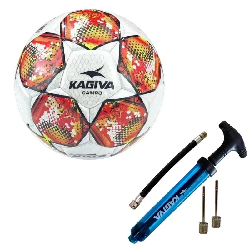Bola De Futebol Campo Kagiva Star Costurada À Mão + Bomba De Ar Kagiva Dupla Ação