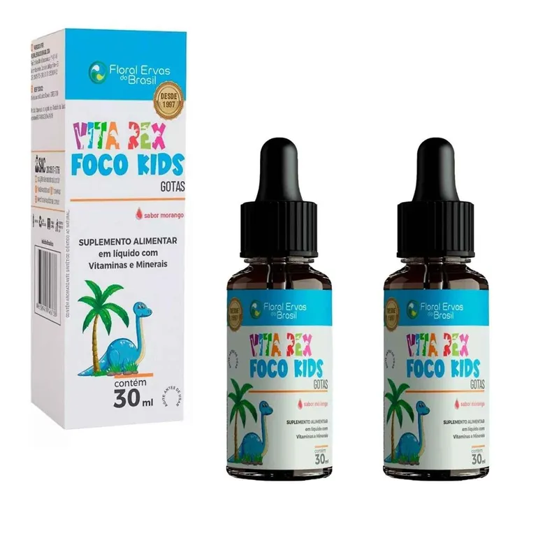 Kit 2 Foco Kids Vit B1 B12 Magnésio Selenio Zinco 2x30 ml Morango Floral Ervas do Brasil