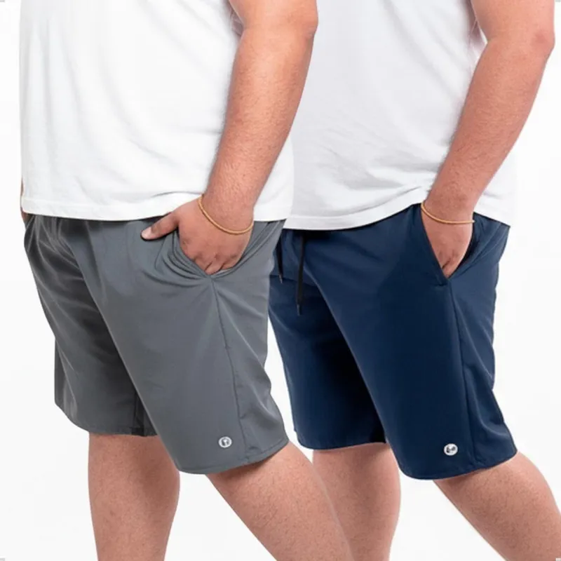 Kit 2 Bermuda Masculina Short Plus Size Tactel Premium com Elastano - Preto+Azul - G1