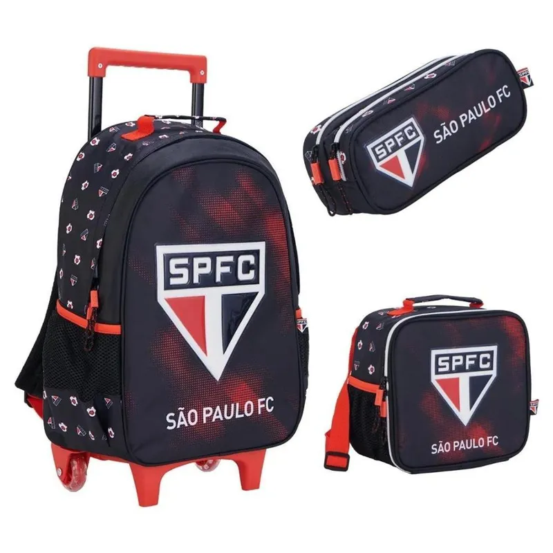 Kit Mochila Com Carrinho e Rodas com Lancheira e Estojo São Paulo Tricolor