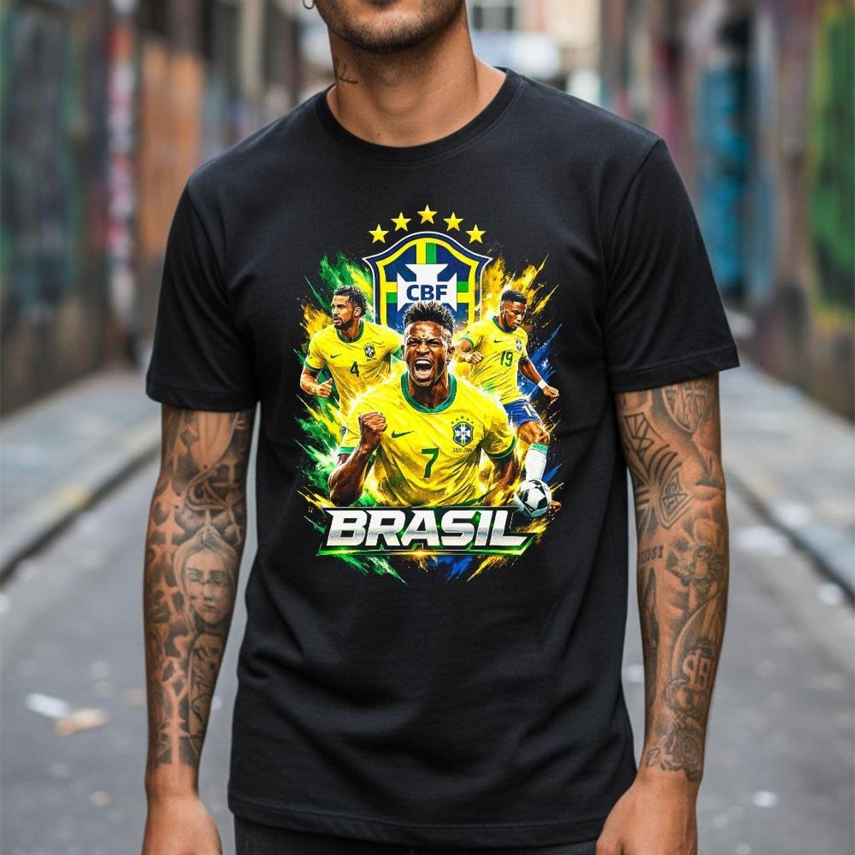 Camiseta Masculina Brasil Futebol Seleção Estampa Jogadores Arte Urbana Tecido Leve Casual