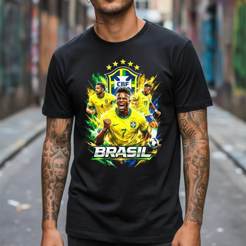Camiseta Masculina Brasil Futebol Seleção Estampa Jogadores Arte Urbana Tecido Leve Casual