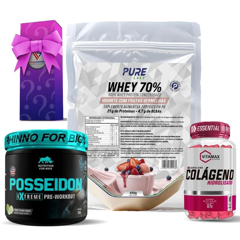 Kit Whey Protein Iogurte C/Frutas + Colágeno 120 Cápsulas Vitamax + Pré Treino Posseidon