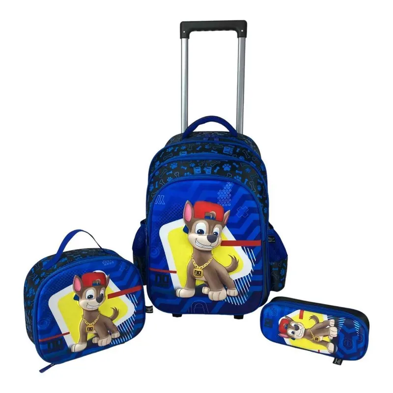 Kit Mochila Com Rodas Infantil 3 Peças + Lancheira + estojo cachorrinho Menino
