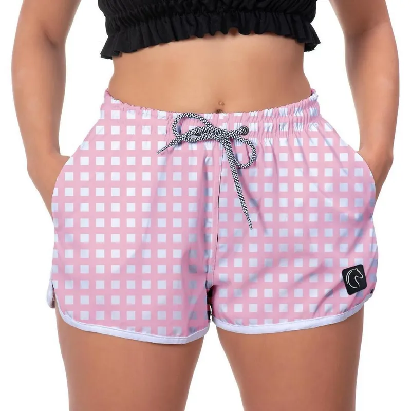 Short Praia Feminino Xadrez Quadriculado Estampado Academia Caminhada Corrida Qualidade
