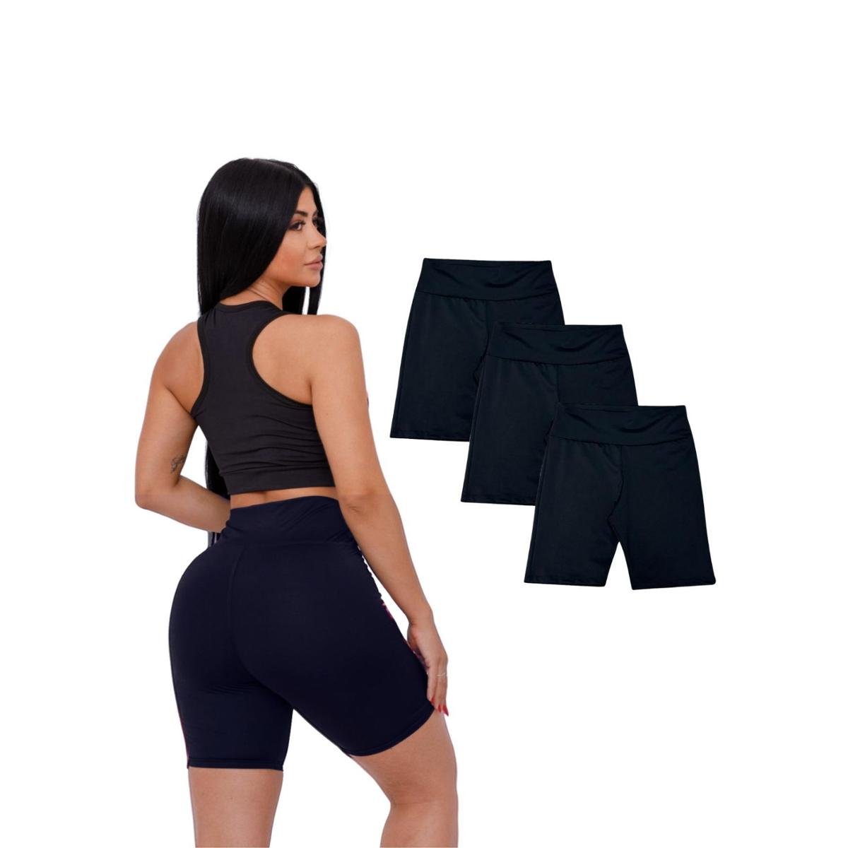 Kit Com 3 Shorts Longo Academia Suplex Cintura Alta Feminino