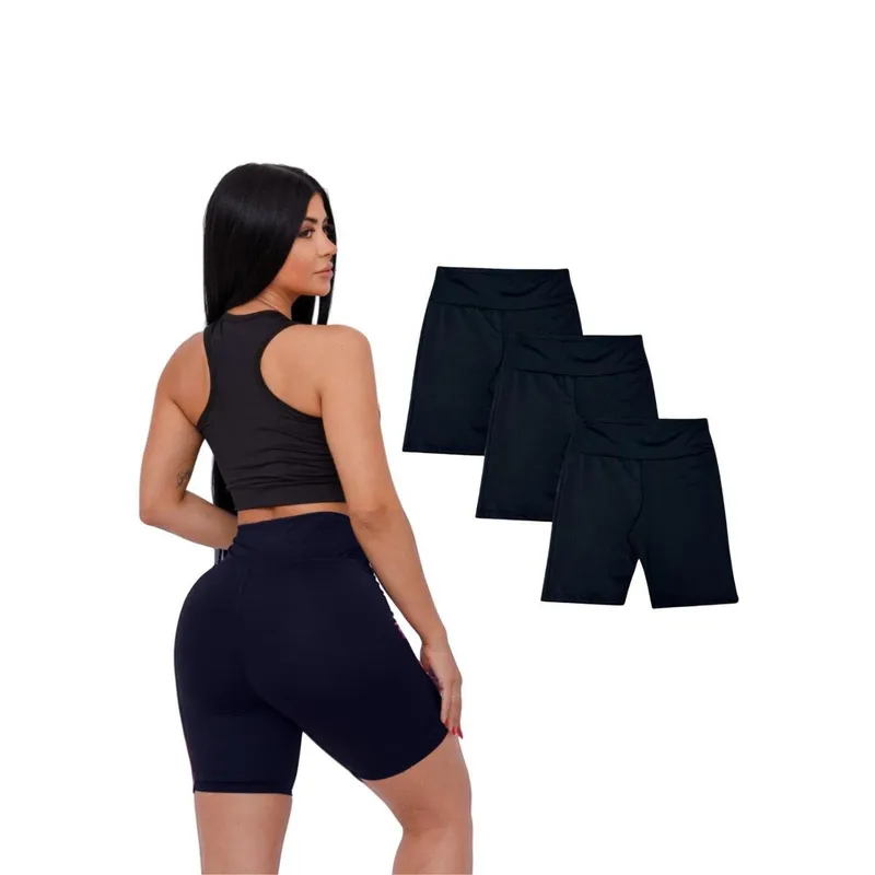 Kit Com 3 Shorts Longo Academia Suplex Cintura Alta Feminino
