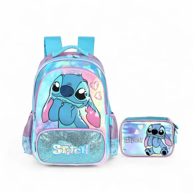 Kit Mochila Escolar De Costas Stitch Plush Holográfica
