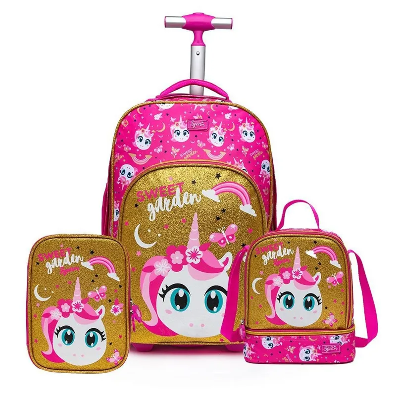 Kit Mochila Unicórnio Lancheira Estojo Infantil Escolar Reforçada Menina Espaçosa
