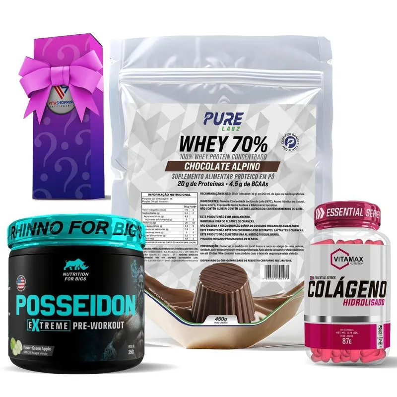 Kit Whey Protein Chocolate Alpino + Colágeno 120 Cápsulas Vitamax + Pré Treino Posseidon