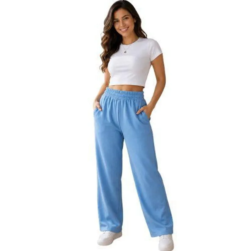 Calça Feminina Azul Modelagem Ampla com Bolsos Frontais Cereja Rosa