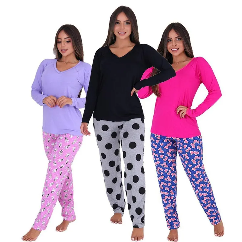 Kit 3 Pijamas Feminino Manga Longa Frio Inverno Vitória