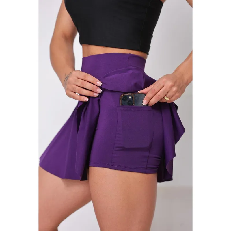 Short Saia Babado Com Bolso Cintura Alta Academia Suplex Fitness Wolfox