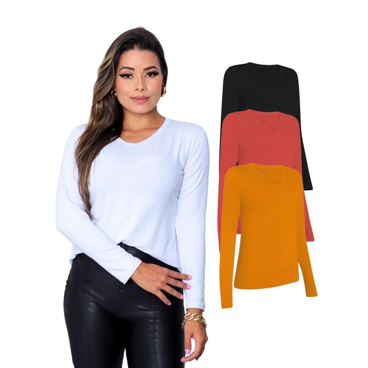 Conjunto Com 3 Camisetas Manga Longa Feminina Colorida Cor:;Tamanho:M