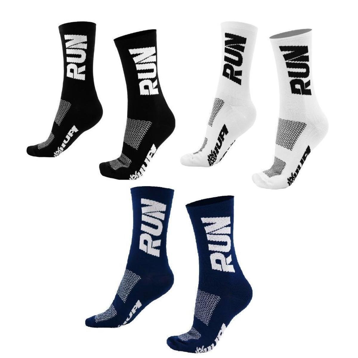Kit 03 Pares Meia Corrida HUPI Run Preto Branco e Azul