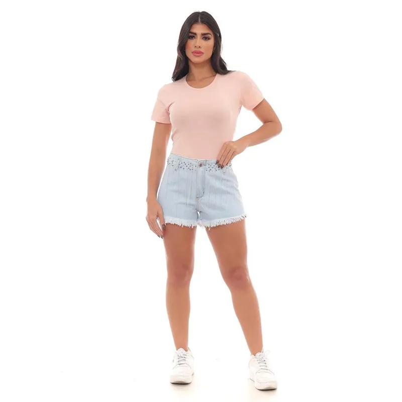 SHORTS JEANS BOY FEMININO CINTURA MÉDIA COM APLICAÇÃO 22439 40 CLARA UNICA