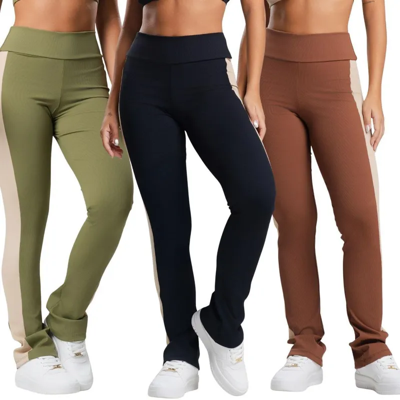 KIT 3 Calça Fitness Canelado Feminino Bella Fiore Academia Cintura Alta Poliamida Fitness Musculação