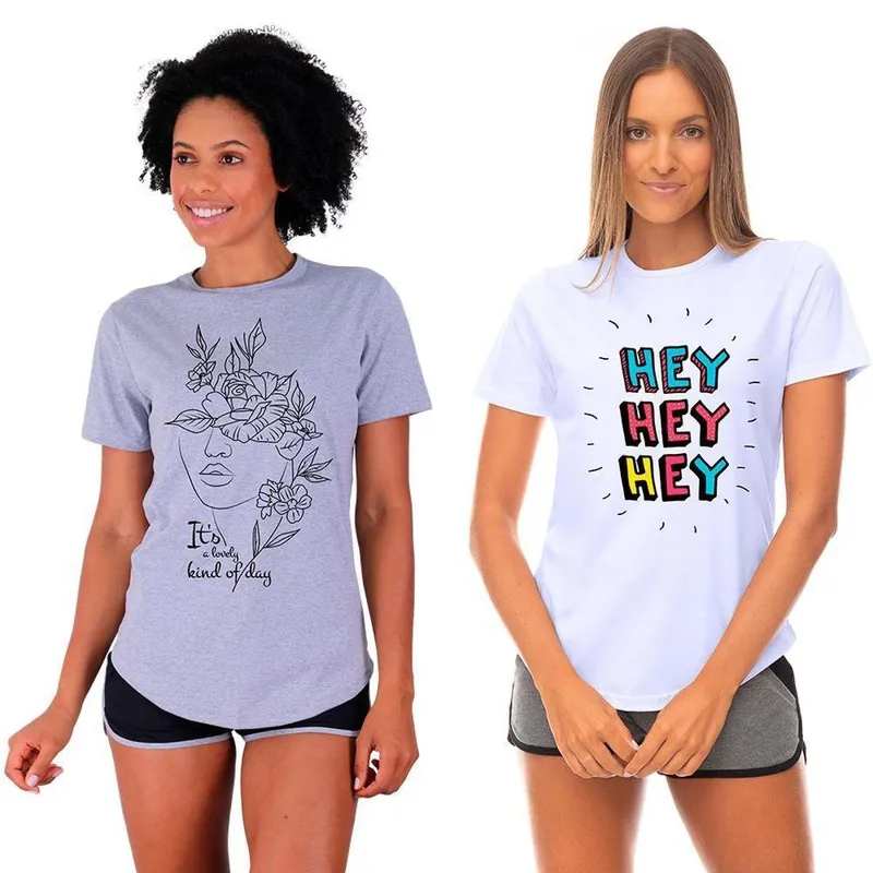 Kit 2 Camisetas Longline Feminina MXD Conceito Slim Estampas Variadas