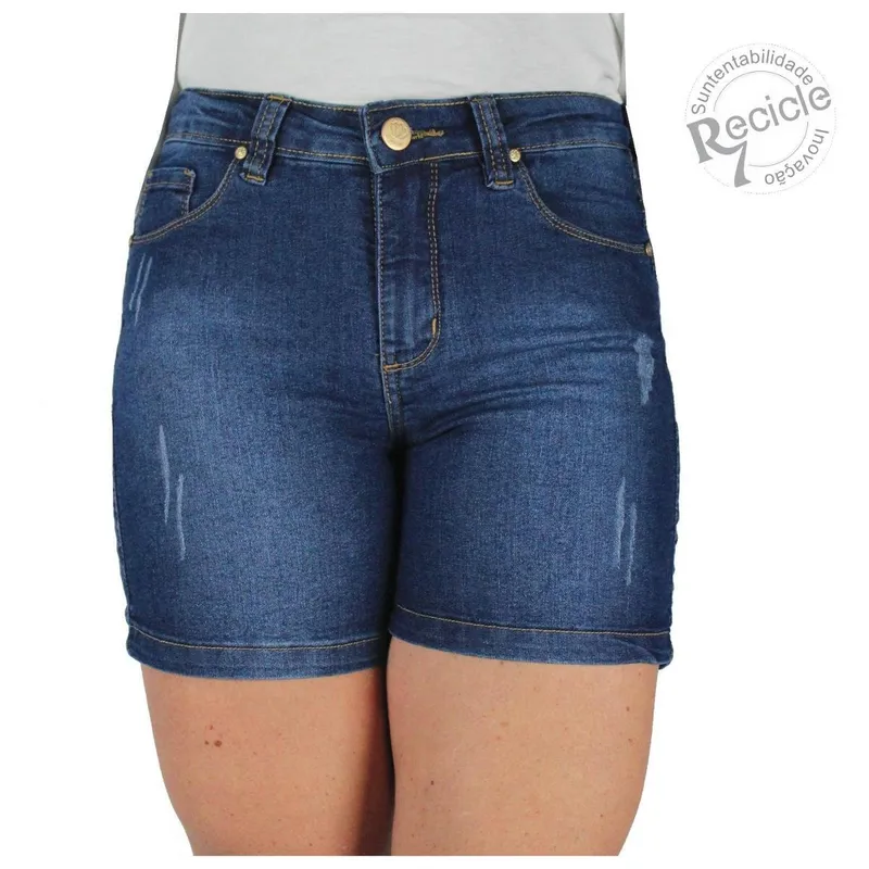 Shorts Jeans R7jeans Feminino Cintura Media Alta Lavagem Stone + Used + Puído