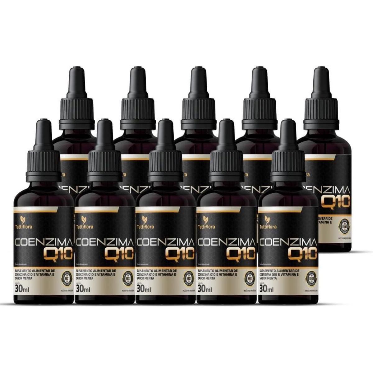 10x Coenzima Q10 100mg Por Porção (Ubiquinona) com Vitamina E Gotas Sabor Menta 30ml TuttiFlora
