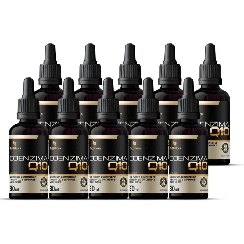 10x Coenzima Q10 100mg Por Porção (Ubiquinona) com Vitamina E Gotas Sabor Menta 30ml TuttiFlora