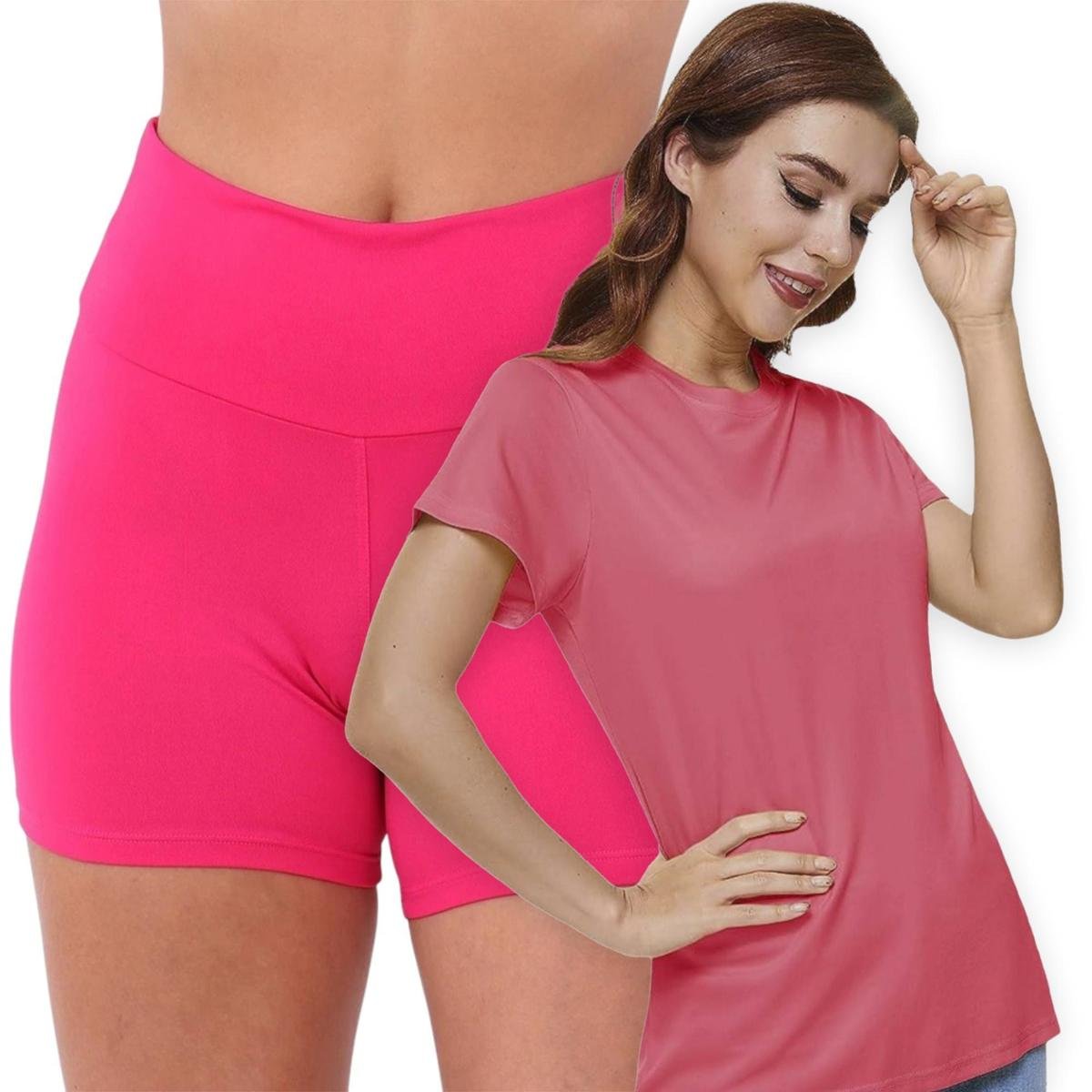 Kit Short Legging BÁSICO Cós Alto + Camiseta Fitness POLIAMIDA Cor:;Tamanho:GG;Gênero:Feminino
