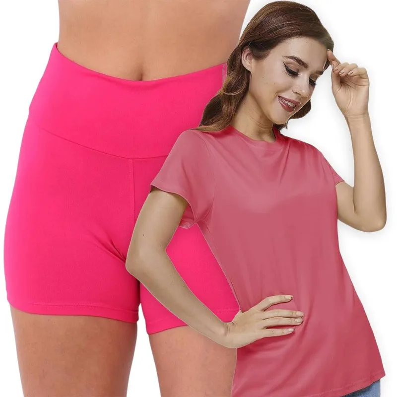 Kit Short Legging BÁSICO Cós Alto + Camiseta Fitness POLIAMIDA Cor:;Tamanho:GG;Gênero:Feminino