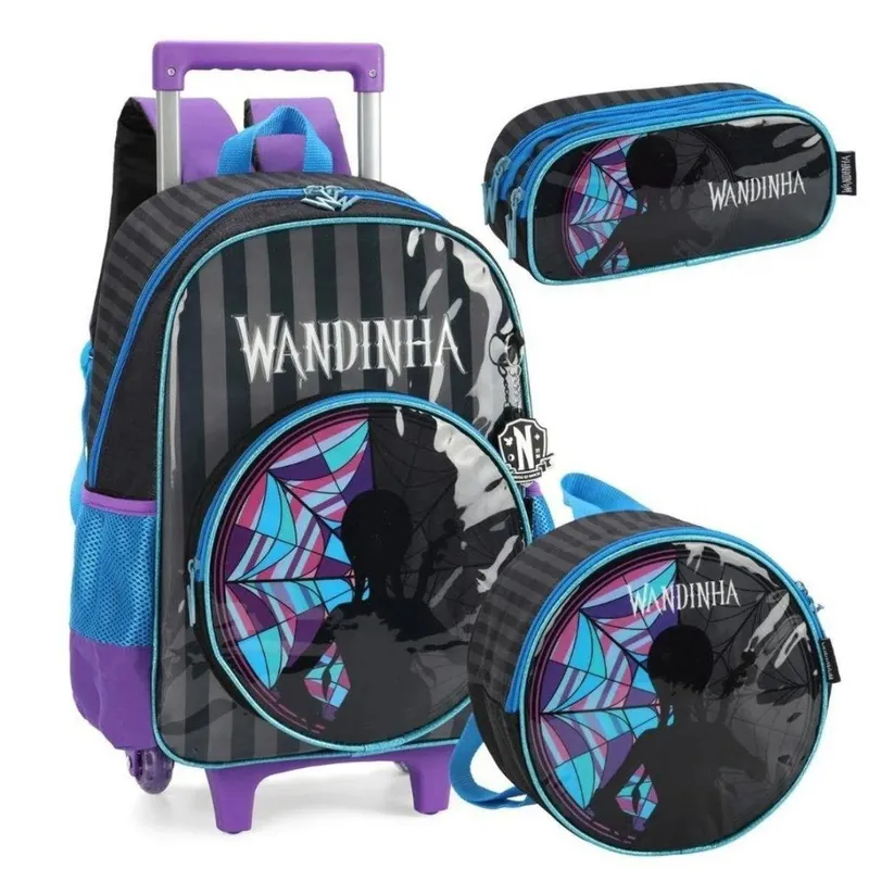 Kit Mochila Rodinha Lancheira Estojo Duplo Infantil Escolar Menina Wandinha Luxcel