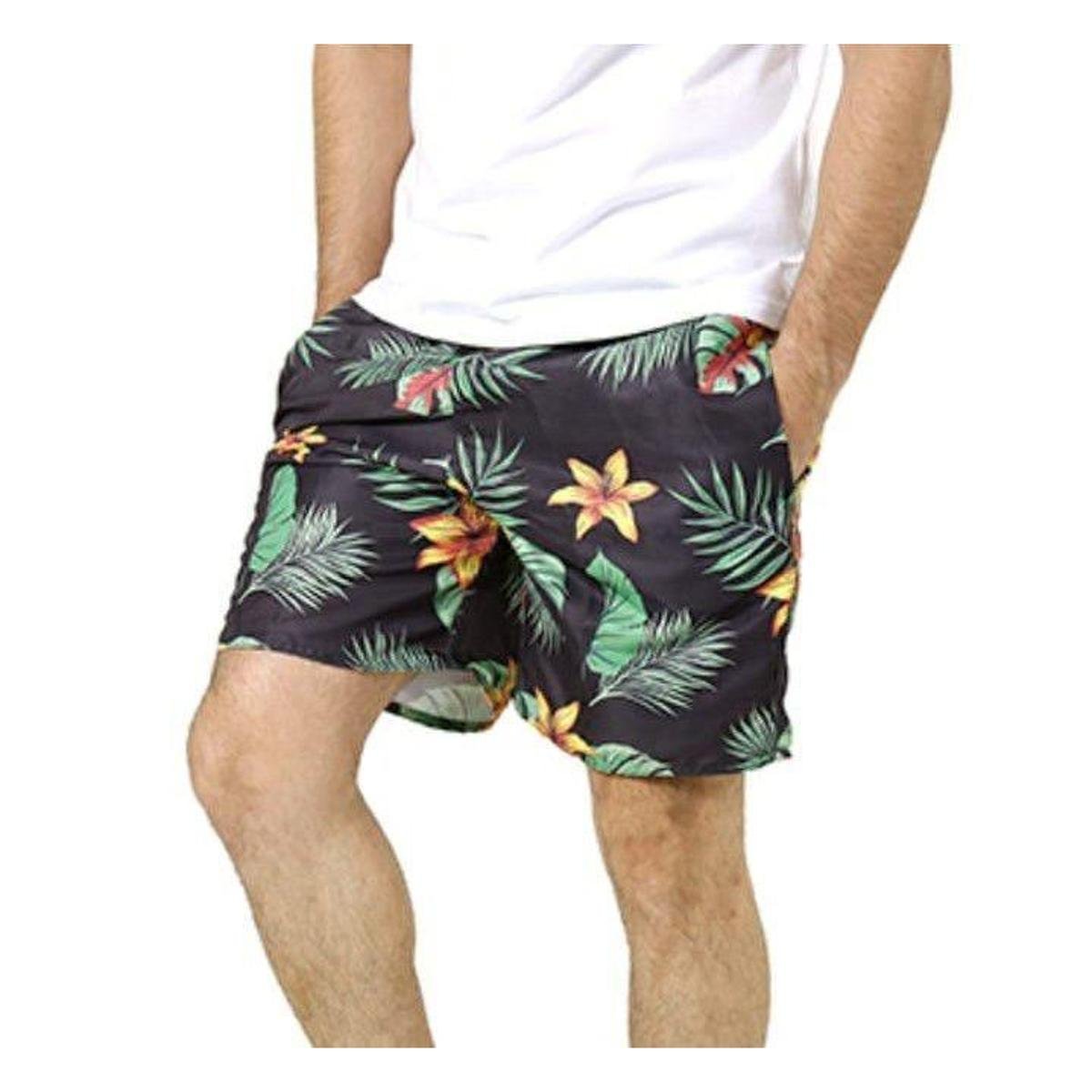Short Masculino Preto Verde Vermelho Praia Floral Folhas Poliéster Com Bolsos