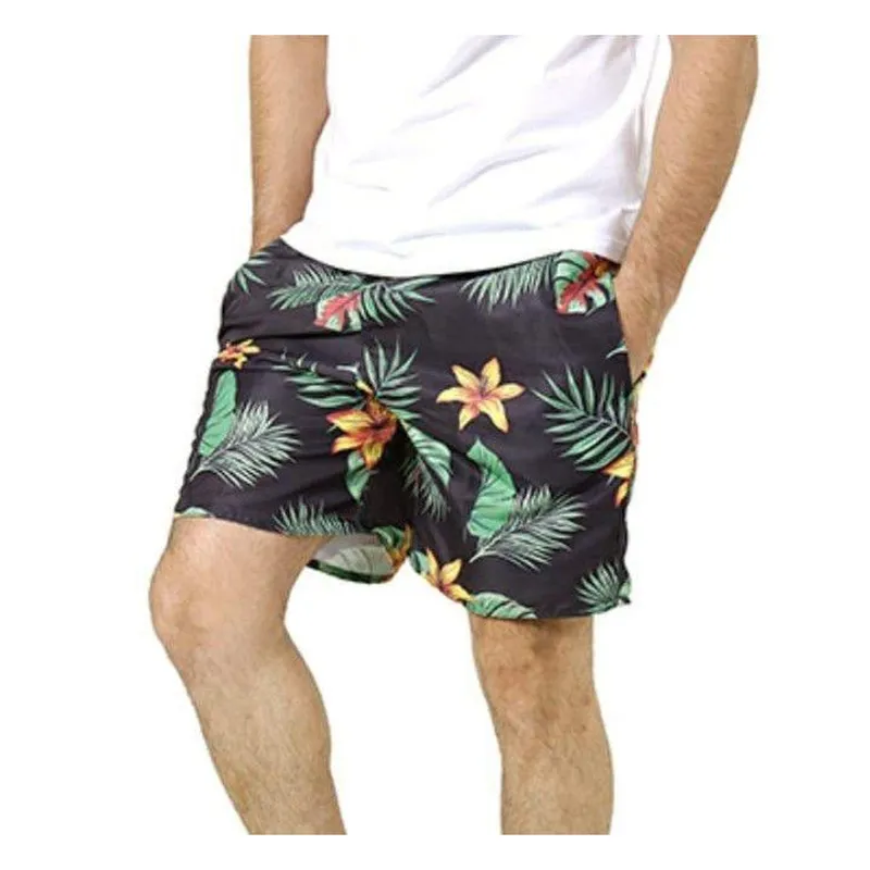 Short Masculino Preto Verde Vermelho Praia Floral Folhas Poliéster Com Bolsos
