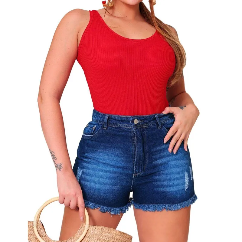 Shorts Jeans Feminino Curto Rasgado Cós Alto Patria Brasil