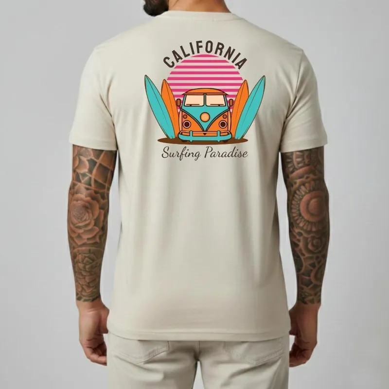 Camiseta Masculina Surf California Kombi Algodão Slim Fit Camisa Verão Tropical Manga Curta Casual
