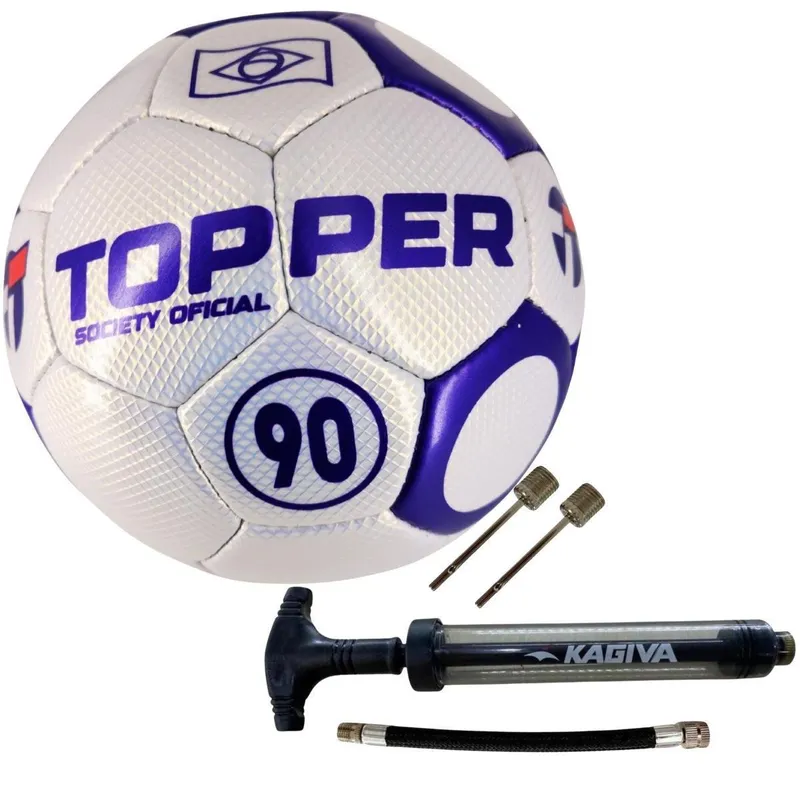 Kit Bola De Futebol Society Topper 90 Oficial Costurada à Mão+Bomba De Ar Kagiva Dupla Ação