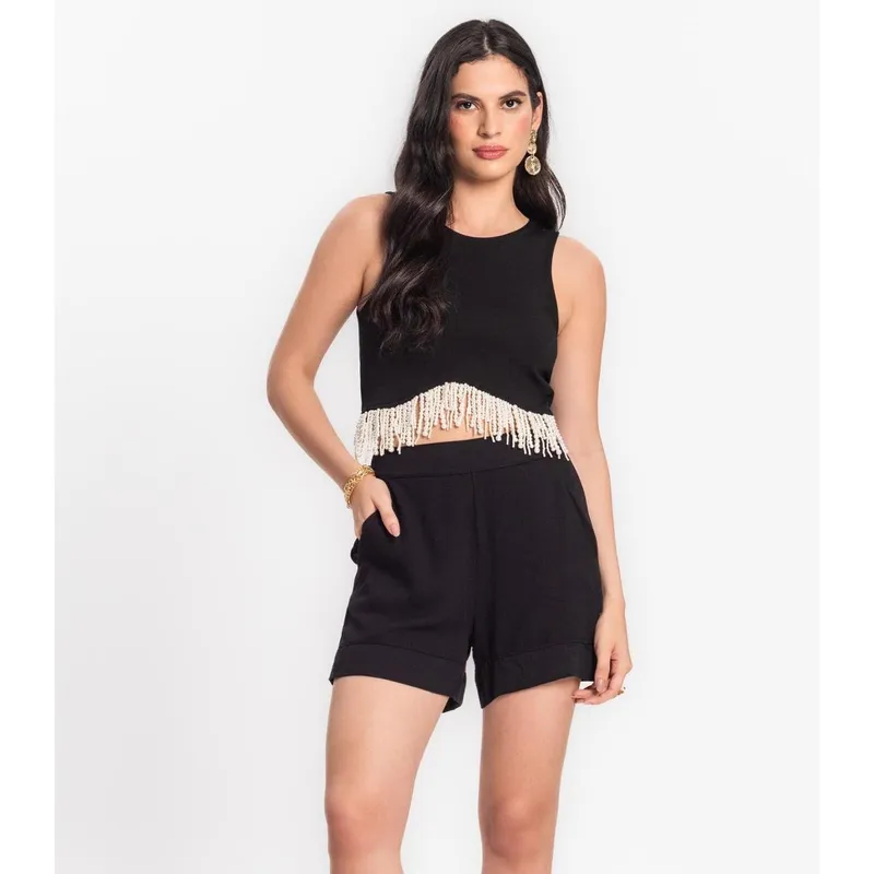 Shorts Feminino Em Viscose Creponada Endless Preto
