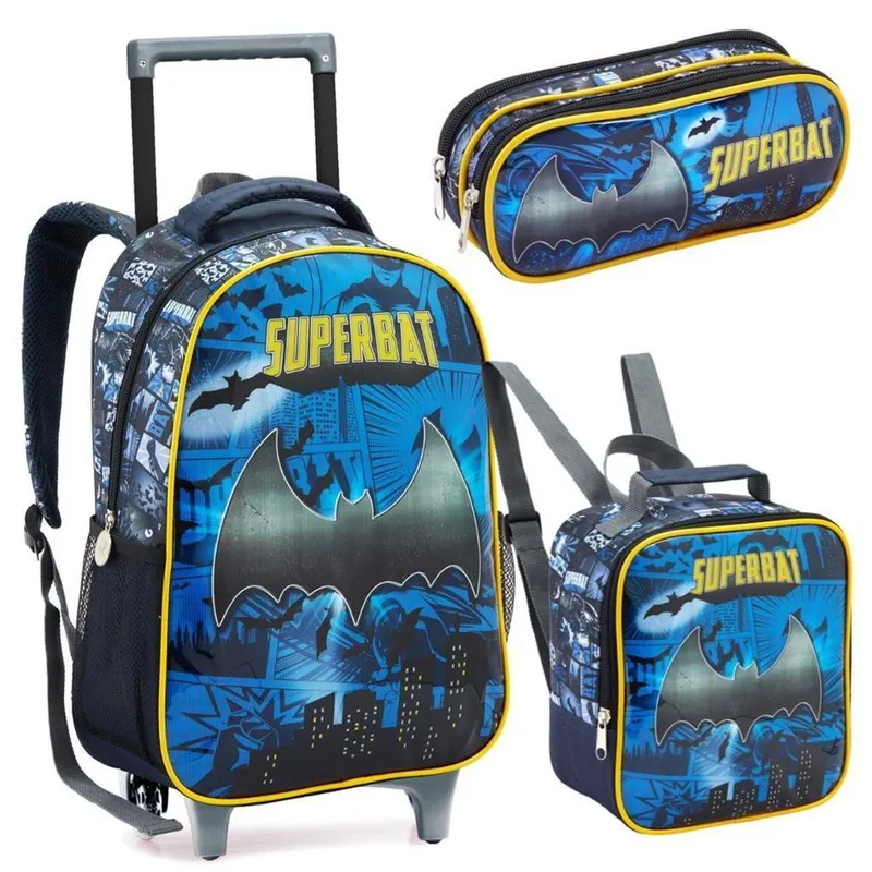 Kit Mochila Rodinha Lancheira Estojo Infantil Escolar Menino Batman Morcego Seanite