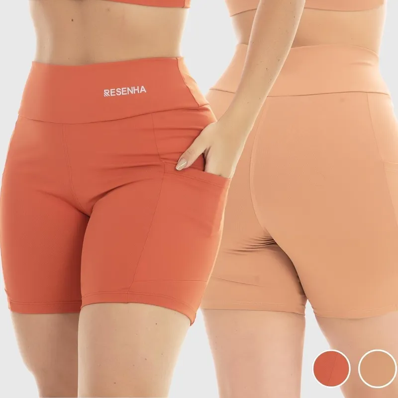 Kit 2 Shorts Fitness Poliamida com Bolso Cós Alto Resenha Sport Conforto Feminino
