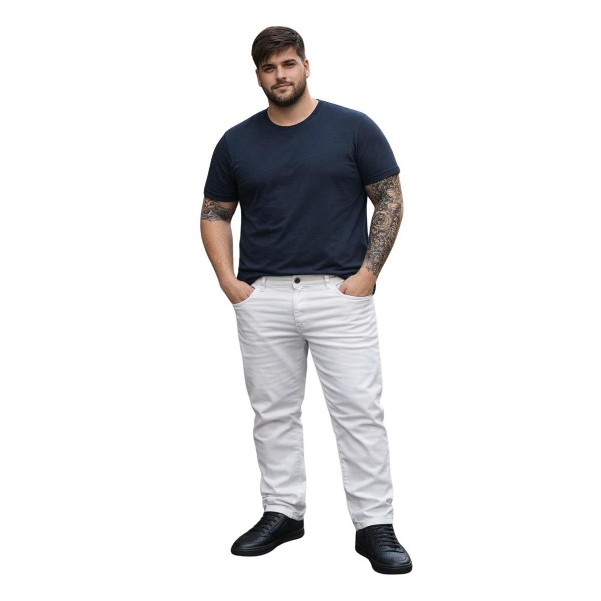Calça Sarja Reta Branca Plus Size Masculina Com Bolso