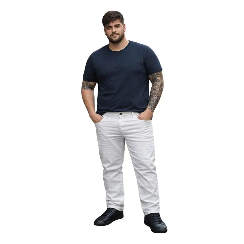 Calça Sarja Reta Branca Plus Size Masculina Com Bolso