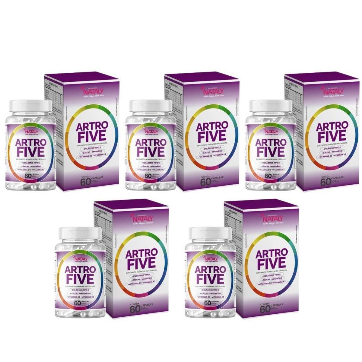 Kit Com 5 - Artrofive Colágeno Tipo 2 + Magnésio e Vitaminas 60 Capsulas de 500mg Nataly