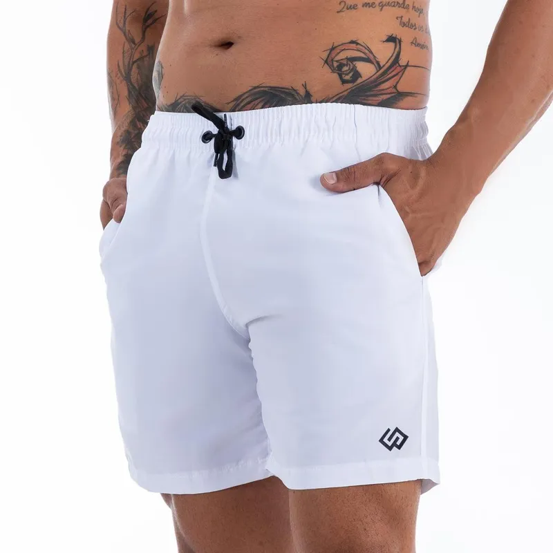 Short Branco Bermuda Praia Tactel Liso Logo Preto Masculino Premium