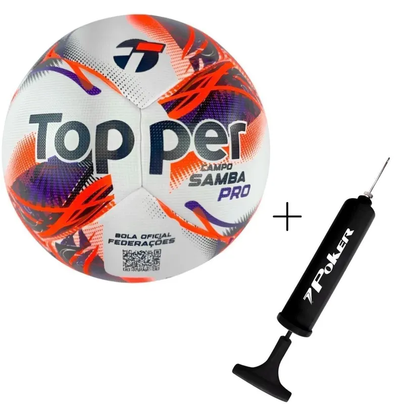 Kit Bola De Futebol Campo Topper Samba Velocity PRO 2026+Bomba de AR Poker Way