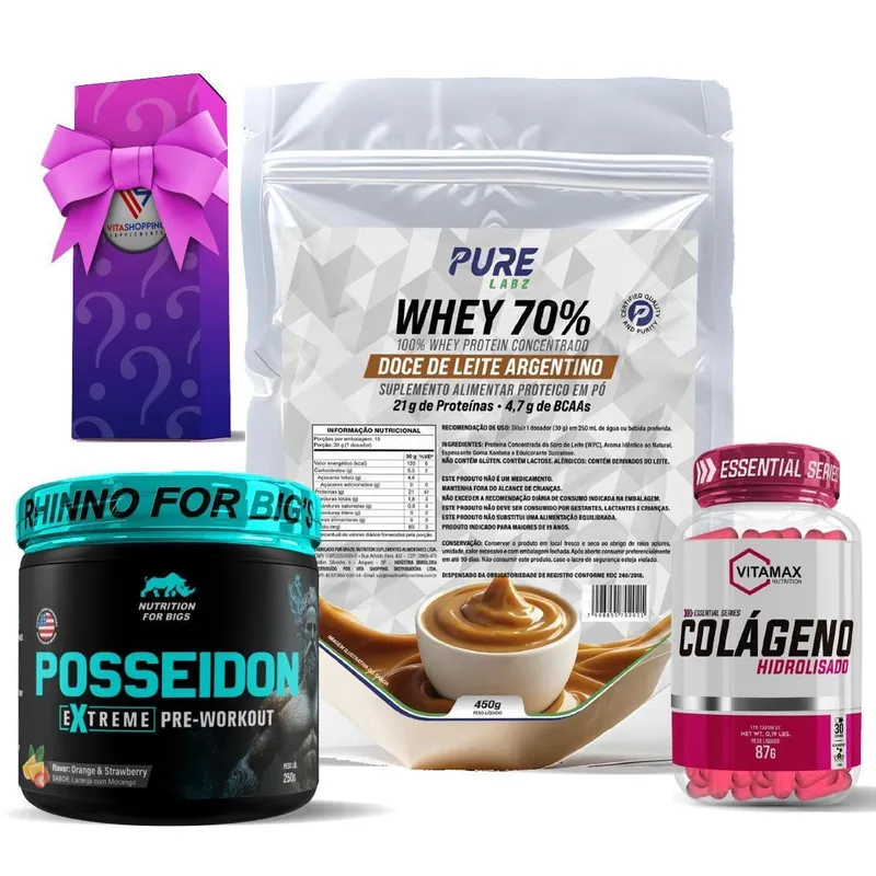Kit Whey Protein Doce de Leite + Colágeno 120 Cápsulas Vitamax + Pré Treino Posseidon
