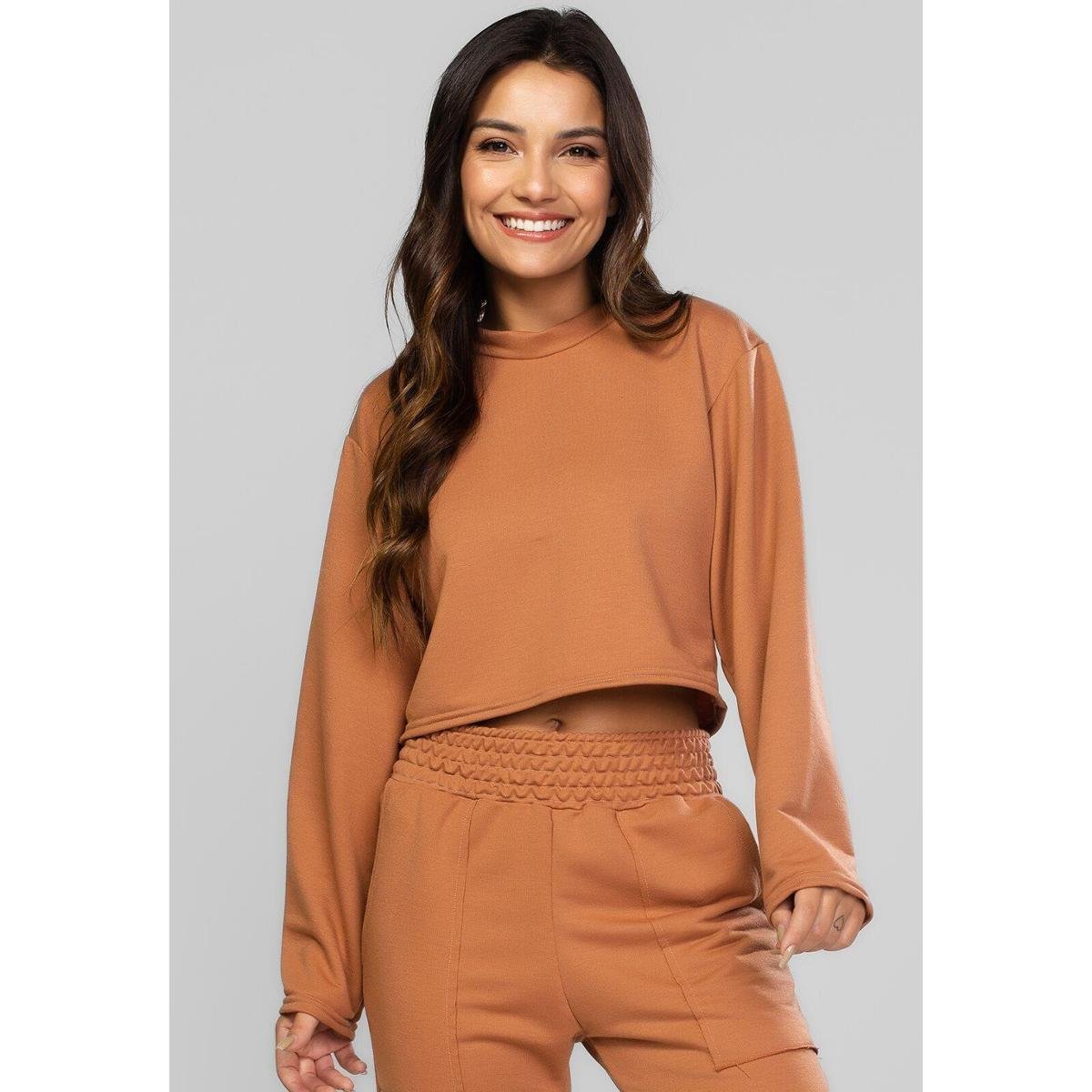 Casaco Cropped Manga Longa Moletinho Feminino Moda Casual