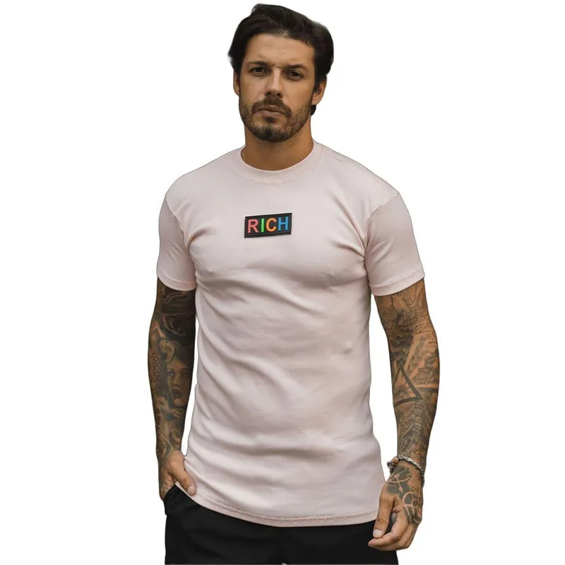Camiseta Slim Canelada Borracha Colorida Estilo Americano Streetwear Justa ao Corpo Ribana Rosa