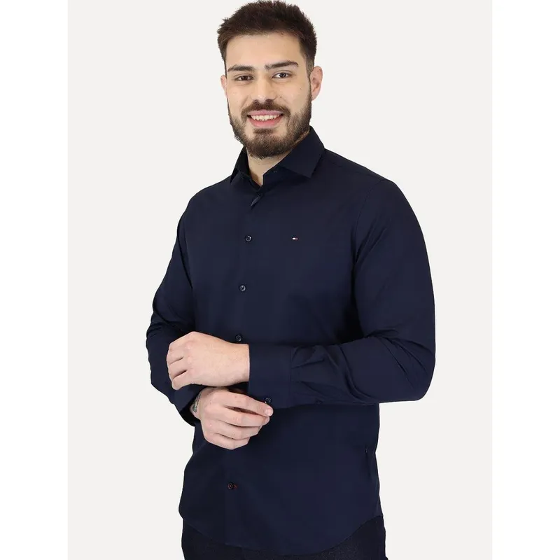 Camisa Tommy Hilfiger Masculina Slim THFlex Poplin Azul Marinho