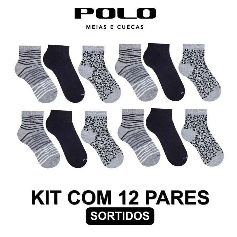 Kit 12 Pares de Meias Feminino Soquete Premium Estampas Sortidas