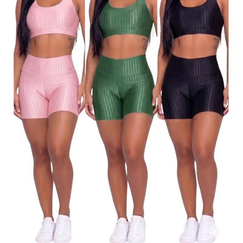 KIT 3 Short Fitness Ikat New Zig 3D Bella Fiore Poliamida Cós Alto Roupa Academia Treino Feminina