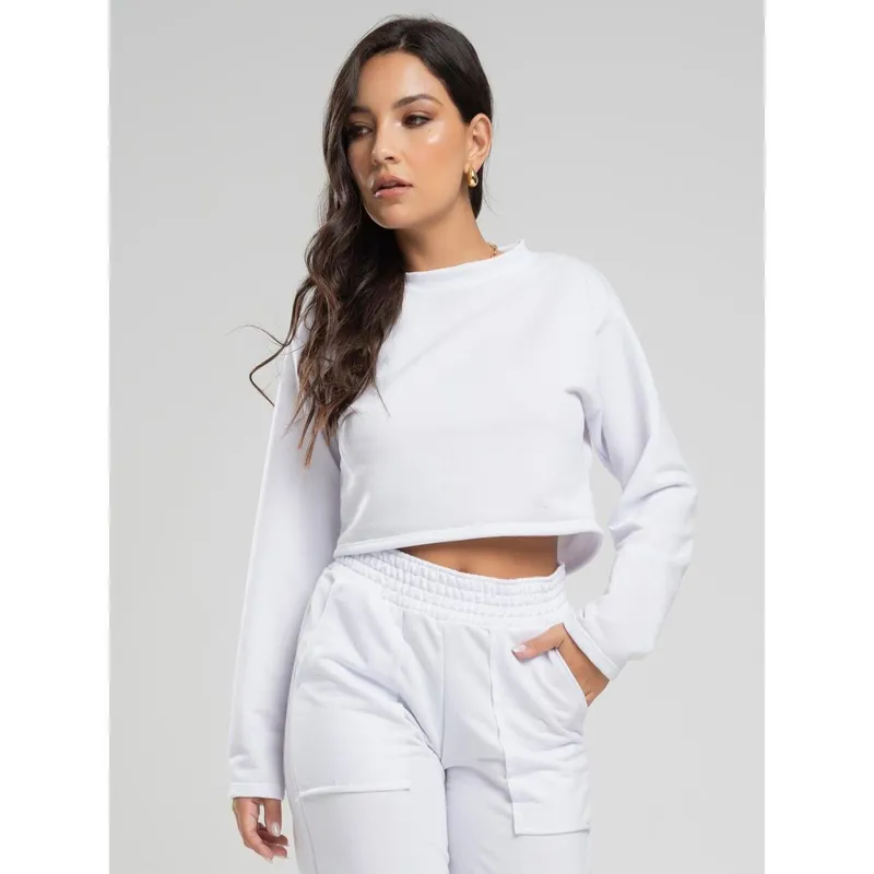 Casaco Cropped Manga Longa Moletinho Feminino Moda Casual