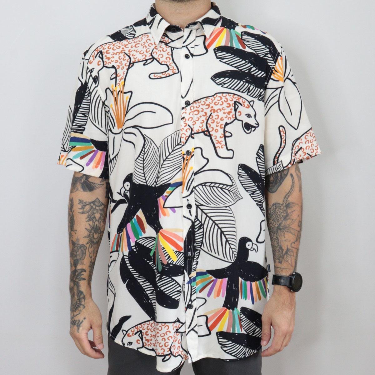 Camisa Masculina Estampada De Botão Tropical Manga Curta Casual Cor:;Tamanho:M