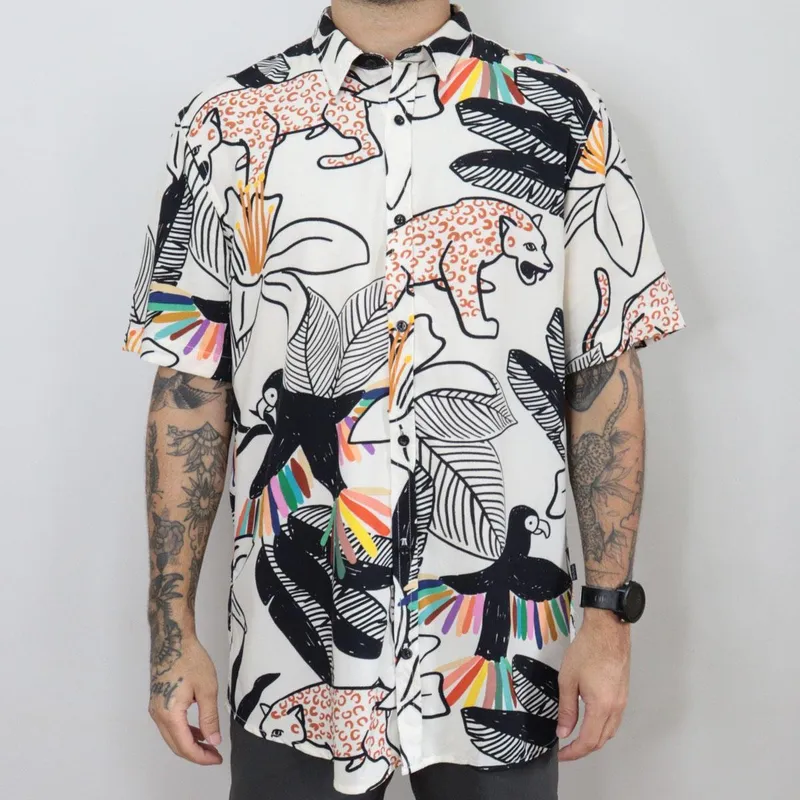 Camisa Masculina Estampada De Botão Tropical Manga Curta Casual Cor:;Tamanho:M